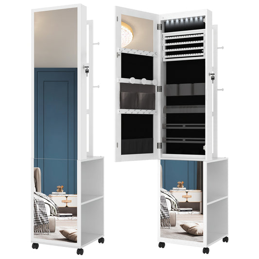 Sieradenkast – Juwelenkast – Spiegelkast – Sieradenorganizer – Opbergkast – 5-in-1 Design – MDF Met Fluwelen Bekleding – Afsluitbaar Met Sleutel – Volledige Lengte Spiegel Met 8 LED-Verlichting – Wielen