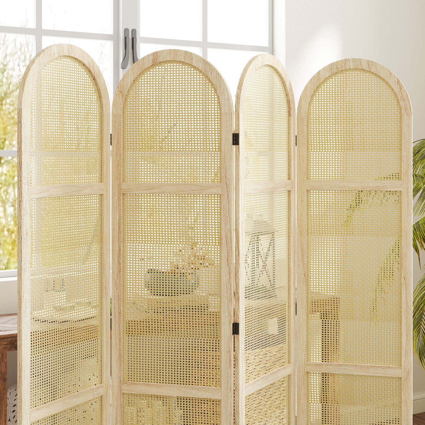 Roomdivider Houten Scherm – Kamerscherm – Scheidingswand – Room Divider – 4 Panelen – Opvouwbaar en Draagbaar – 170 x 160 cm – Natuurlijk Hout en Handgeweven Patroon