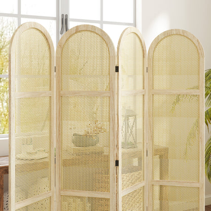 Roomdivider Houten Scherm – Kamerscherm – Scheidingswand – Room Divider – 4 Panelen – Opvouwbaar en Draagbaar – 170 x 160 cm – Natuurlijk Hout en Handgeweven Patroon