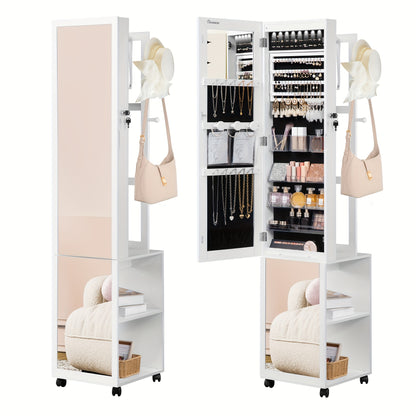 Sieradenkast – Juwelenkast – Spiegelkast – Sieradenopberger – Sieradenorganizer – 5-in-1 Design – Afsluitbare Kast met Kledingrek – Volledige Lengte Spiegel – MDF – Wit en Beige – Met Wielen