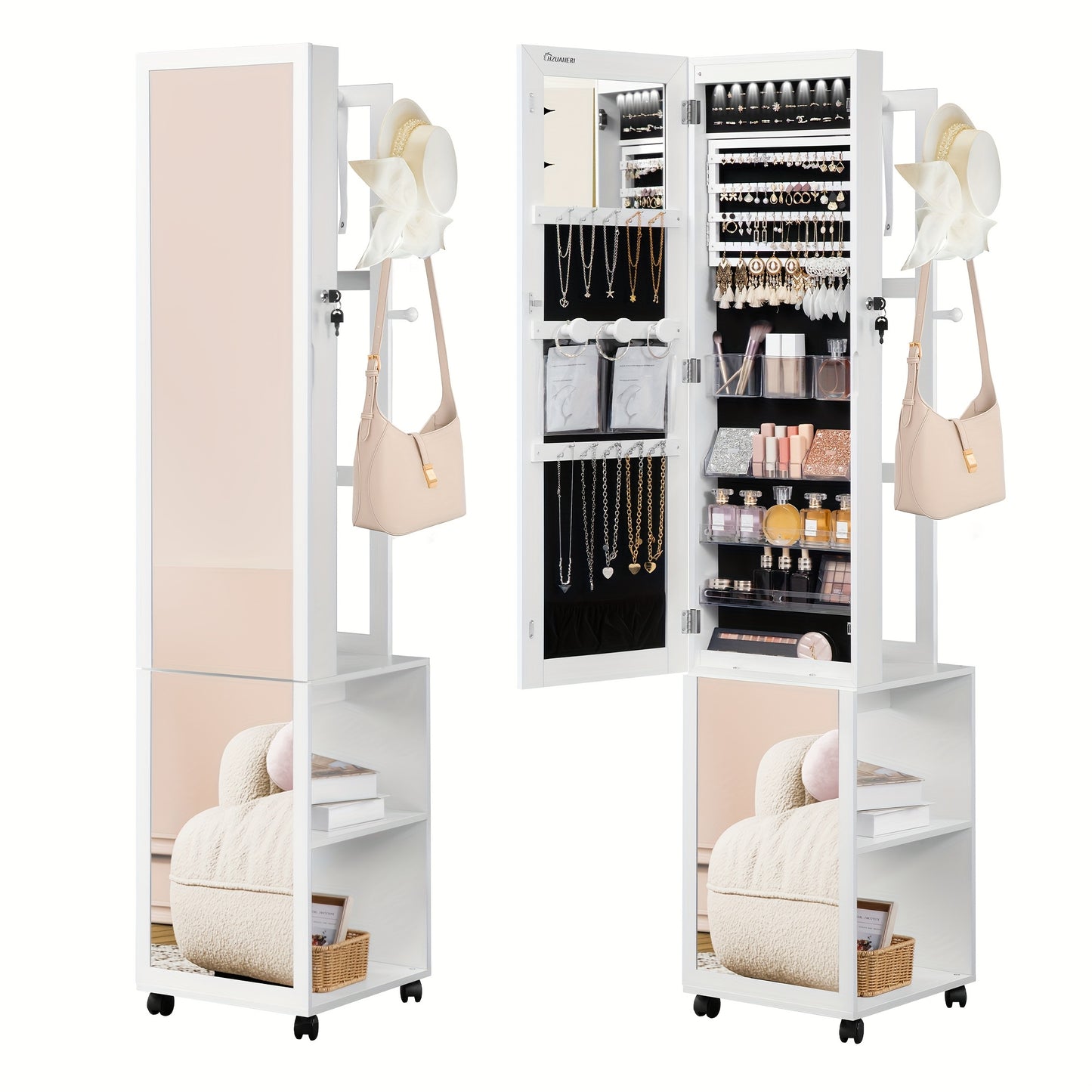 Sieradekast – Sieradekast Met Spiegel – Sieraden Organizer – Kledingkast – Jewelry Armoire – 5-in-1 Design – Verplaatsbaar Met Slot – Wit Zwart Variant