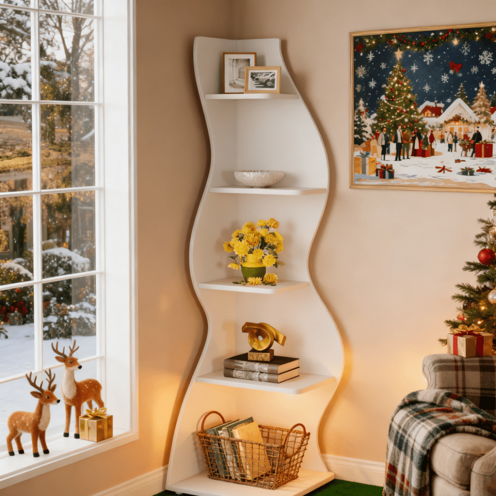 Modern White 5-Tier Corner Bookshelf & Plant Stand - Space-Saving Curved Shelf with Sturdy Hardwood Construction, Freestanding or Wall-Mounted Design, Easy Assembly, 68.58cm+ Height, Minimalist Accent Piece for Living Room, f