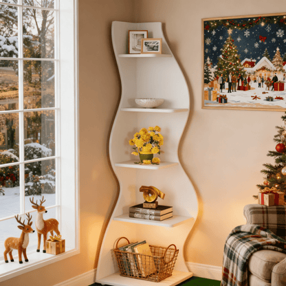 Modern White 5-Tier Corner Bookshelf & Plant Stand - Space-Saving Curved Shelf with Sturdy Hardwood Construction, Freestanding or Wall-Mounted Design, Easy Assembly, 68.58cm+ Height, Minimalist Accent Piece for Living Room, f