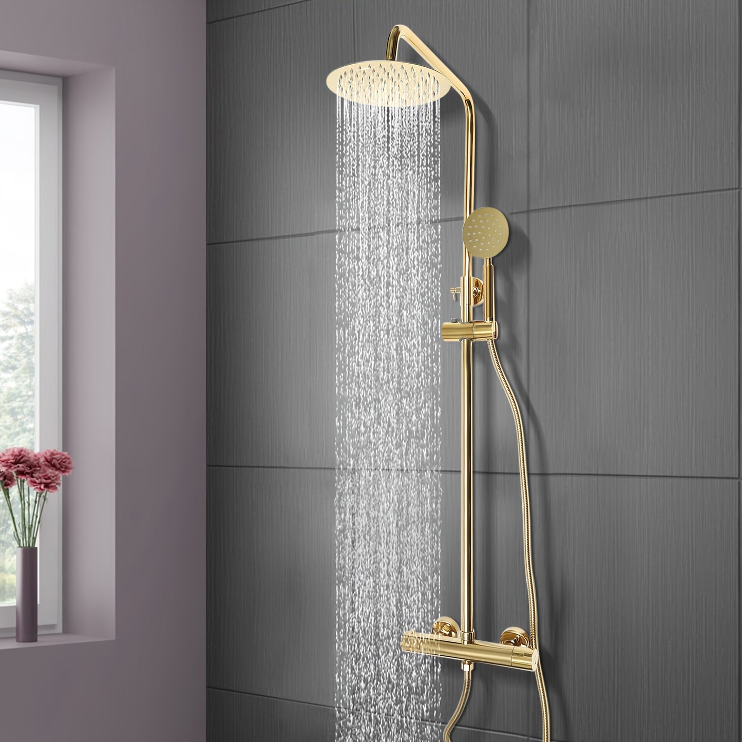 Douchesysteem – Regendouche – Douchekolom – Douchekraan – Doucheplaat – Thermostatisch – Messing Goud – 20 cm Regendouchekop – Verstelbare Hoogte 70-110 cm