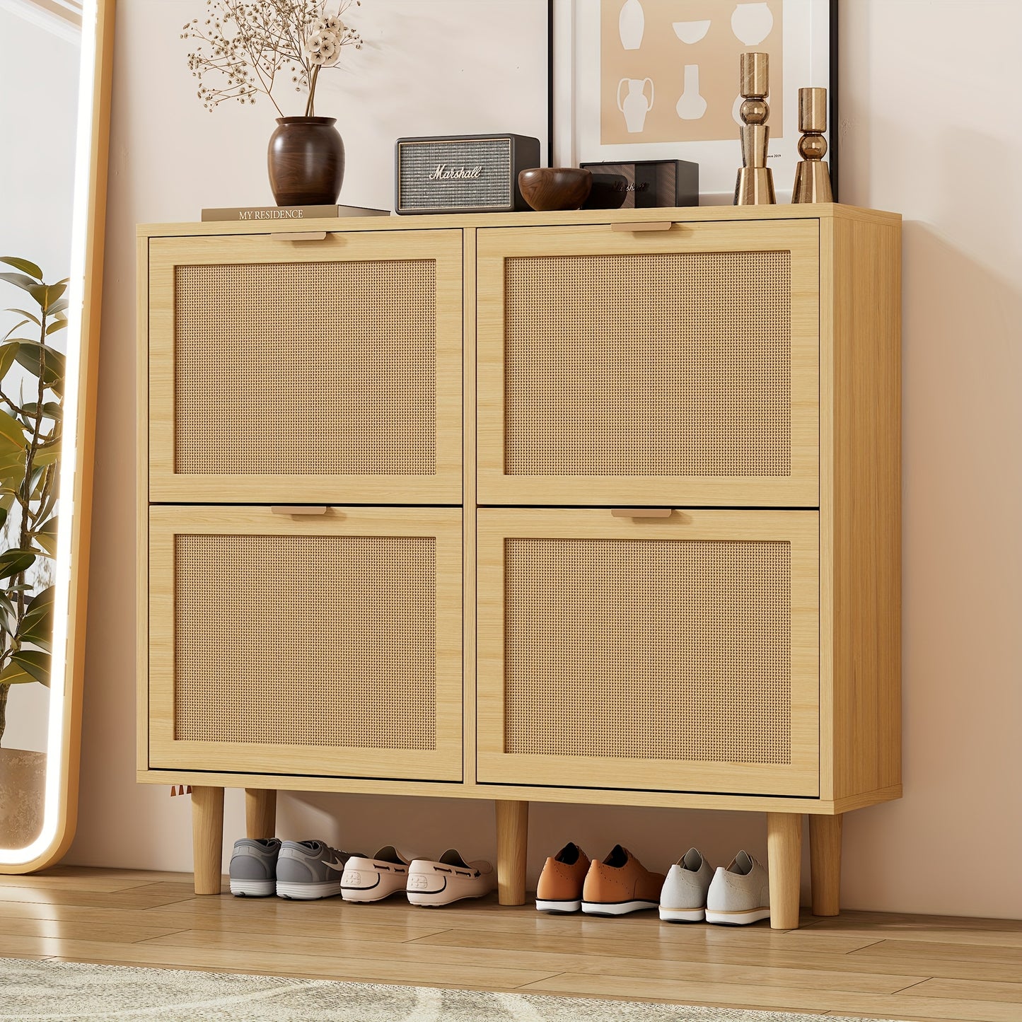 Schoenenkast – Schoenenrek – Schoenenopberger – Schoenenbank – Meubel – 4 Lades – Ruimtebesparend Ontwerp – Hardhouten Constructie – Beige Afwerking – Lichtgewicht & Stevig