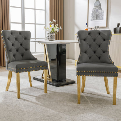 Eetkamerstoelen – Stoelen – Dining Chairs – Dinerstoelen – Moderne Stoelen – Set Van 2 Grijs – Fluwelen Bekleding – Gouden Roestvrijstalen Poten – Ergonomische Rugleuning – Comfortabele Zittingen