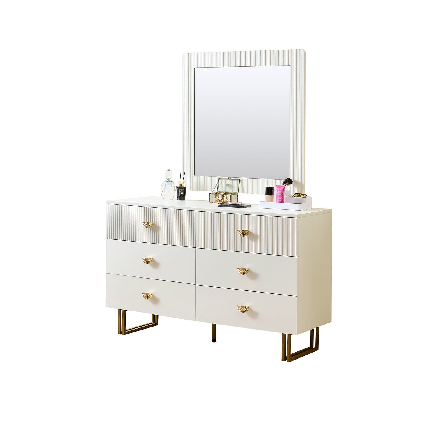 Sideboard – Dressoir – Commode – Opbergmeubel – Wandmeubel – Wit – 6 Lades – Gouden Handgrepen – Metalen Poten – Geribbelde Fronten – Spiegel 80x80 cm