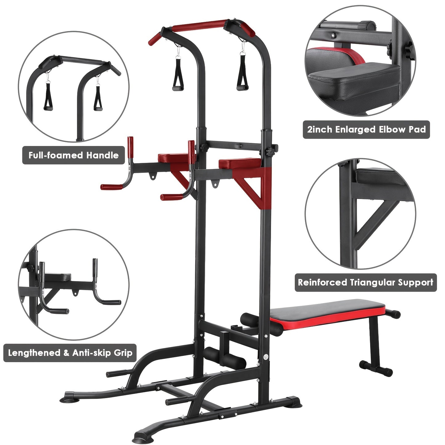 Power Tower – Krachtstation – Pull-Up Bar – Dip Station – Fitnessrek – Inklapbare Gewichtbank – Inclusief Weerstandsbanden – Maximale Belastbaarheid 200 kg