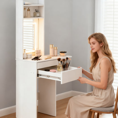 Compact Vanity Table with Large Mirror and Fold-down Tabletop | Hardwood, White, Includes Drawer and Open Desk Organizer, Ideal for Makeup, Gifts for Women, Christmas and Birthday Presents