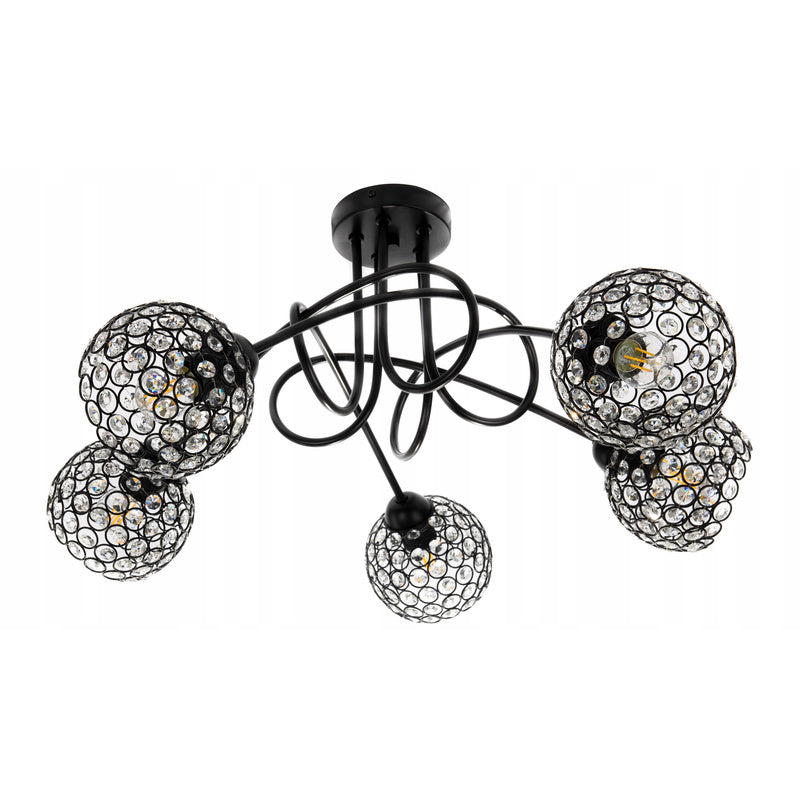 Plafondlamp – Plafonnière – Hanglamp – Kroonluchter – Kristallen Lamp – Vijf Lichtpunten – Metaal en Kristal – Zwart – 37 cm Hoog – E27 Fitting