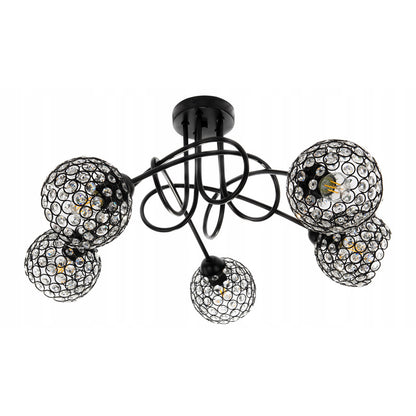 Plafondlamp – Plafonnière – Hanglamp – Kroonluchter – Kristallen Lamp – Vijf Lichtpunten – Metaal en Kristal – Zwart – 37 cm Hoog – E27 Fitting