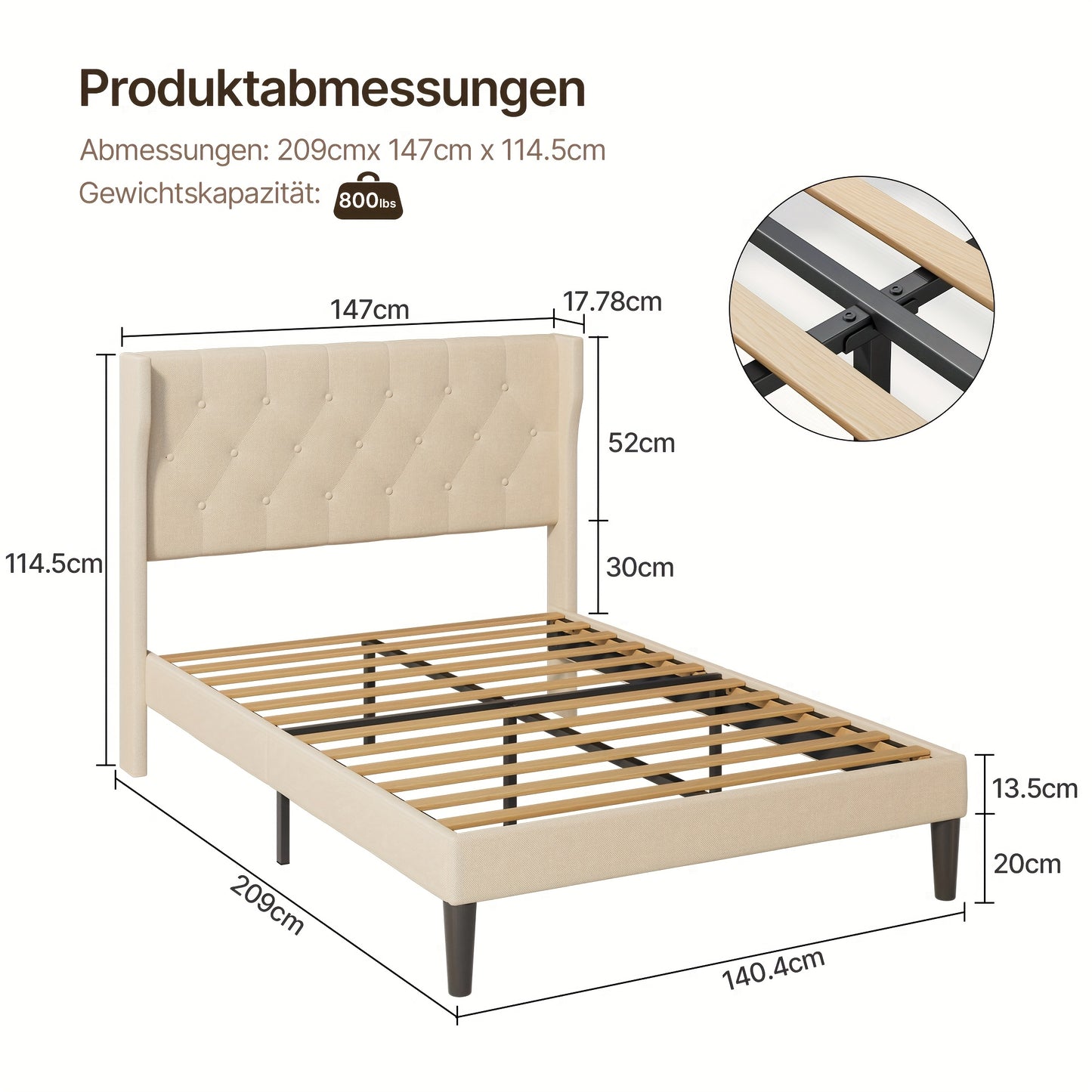 Gestoffeerd Bedframe – Gestoffeerd Bed – Bedframe Met Bekleding – Slaapkamerbed – Lattenbodem Bed – Beige Kleur – 20cm Opbergruimte – Stevig Houten Frame