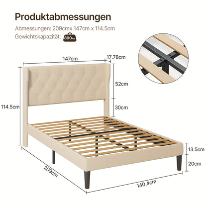 Gestoffeerd Bedframe – Gestoffeerd Bed – Bedframe Met Bekleding – Slaapkamerbed – Lattenbodem Bed – Beige Kleur – 20cm Opbergruimte – Stevig Houten Frame