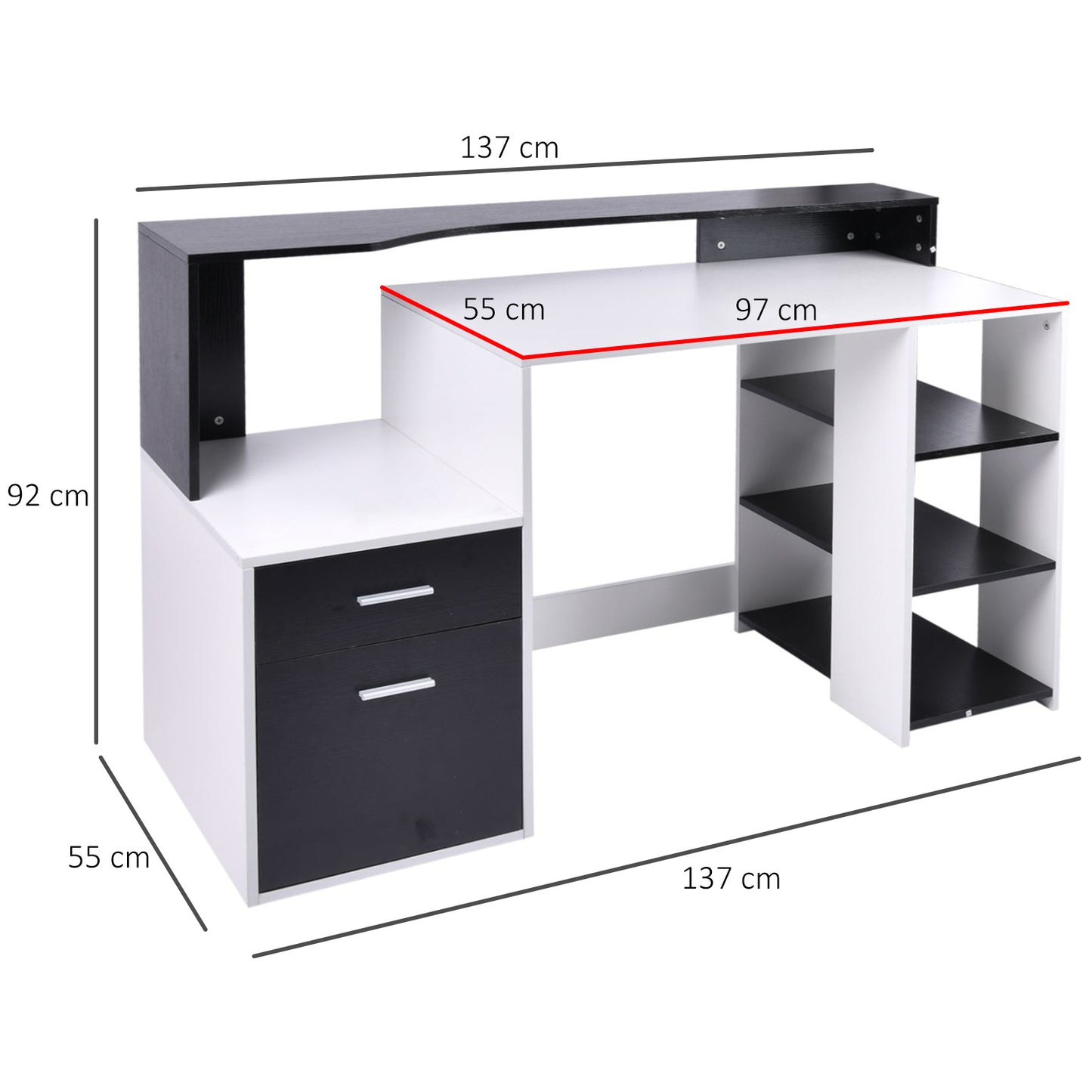 Computertafel – Bureau – Werkplektafel – Study Desk – Home Office Desk – Met 3 Zijvakken en 2 Laden – Compact En Stevig MDF Hout – Wit/Zwart