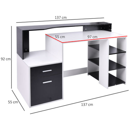 Computertafel – Bureau – Werkplektafel – Study Desk – Home Office Desk – Met 3 Zijvakken en 2 Laden – Compact En Stevig MDF Hout – Wit/Zwart