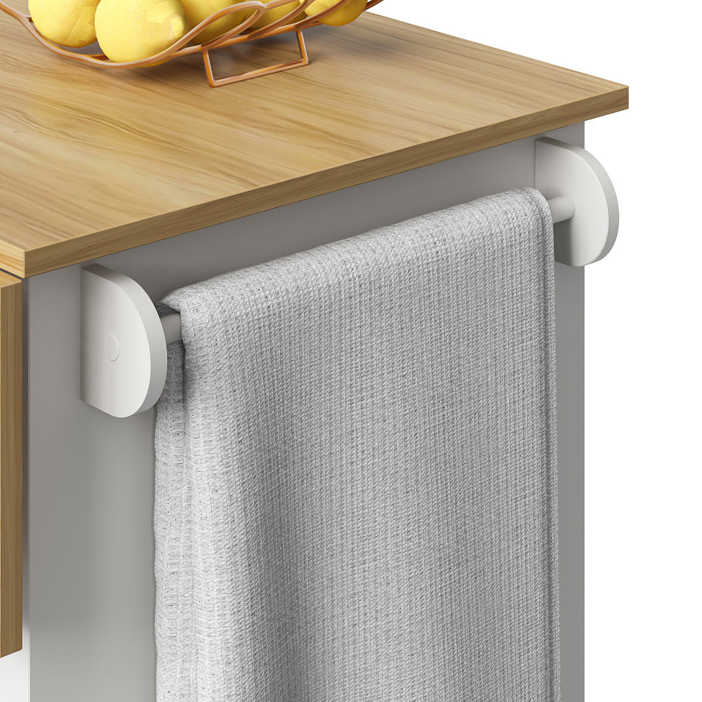 White Metal Mobile Kitchen Island Cart with Wood-Grain Tabletop, Adjustable Dividers, Towel & Spice Racks, Removable Cabinet Doors & Lower Storage - Heavy-Duty Rolling Cabinet with Upper Display Shelf, Easy Assembly, Space-Sa