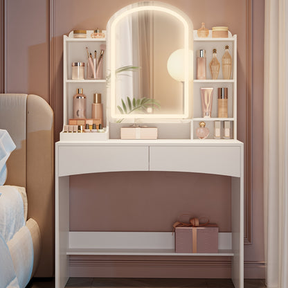 Dressing Table With LED Lighting, Large 90cm Table Top, Dresser With Arched Round Mirror, Hidden Jewellery Organiser Behind The Mirror, 3 Colours, White