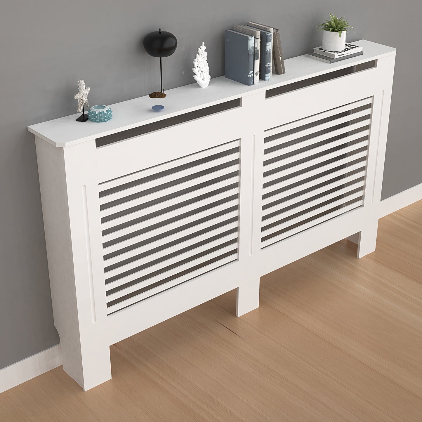 Radiatorombouw – Radiatorkast – Verwarmingsdeksel – Radiatorbekleding – Radiatorafdekking – Wit Houten Design – 100 cm Hoog – 3,2 Cu Ft Opbergruimte – Ventilerend Lamellenpatroon