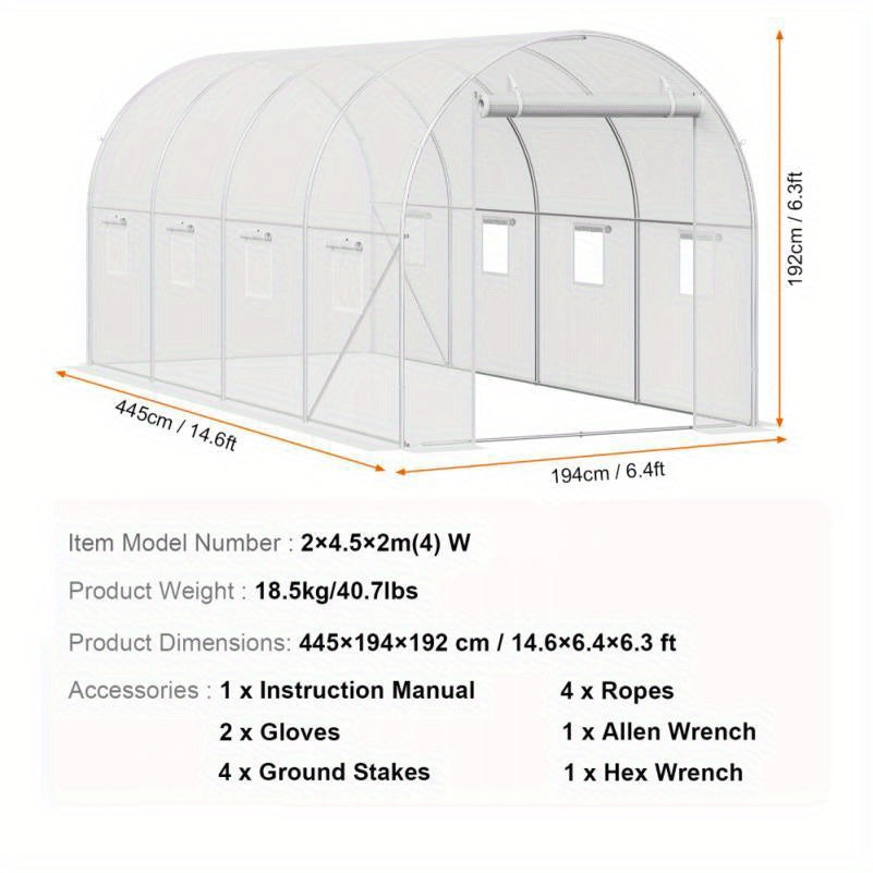 Kas Tunnel – Kweekkas – Serre – Tuinkas – Groentetunnel – Gegalvaniseerd Stalen Frame – Weerbestendige PE Bedekking – 4,45 x 1,94 x 1,92 m – Makkelijk Toegankelijke Deur