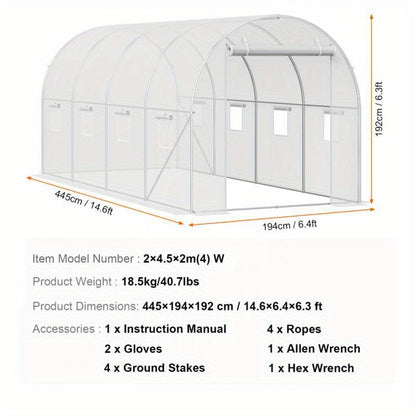 Kas Tunnel – Kweekkas – Serre – Tuinkas – Groentetunnel – Gegalvaniseerd Stalen Frame – Weerbestendige PE Bedekking – 4,45 x 1,94 x 1,92 m – Makkelijk Toegankelijke Deur