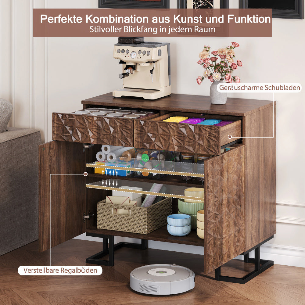 Dressoir – Opbergkast – Ladekast – Buffetkast – Sideboard – Donkerbruin Walnootfineer – 2 Laden en 2 Deuren – Grepenloos Design – Metalen Poot – 80x40x78 cm