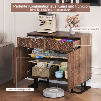 Dressoir – Opbergkast – Ladekast – Buffetkast – Sideboard – Donkerbruin Walnootfineer – 2 Laden en 2 Deuren – Grepenloos Design – Metalen Poot – 80x40x78 cm