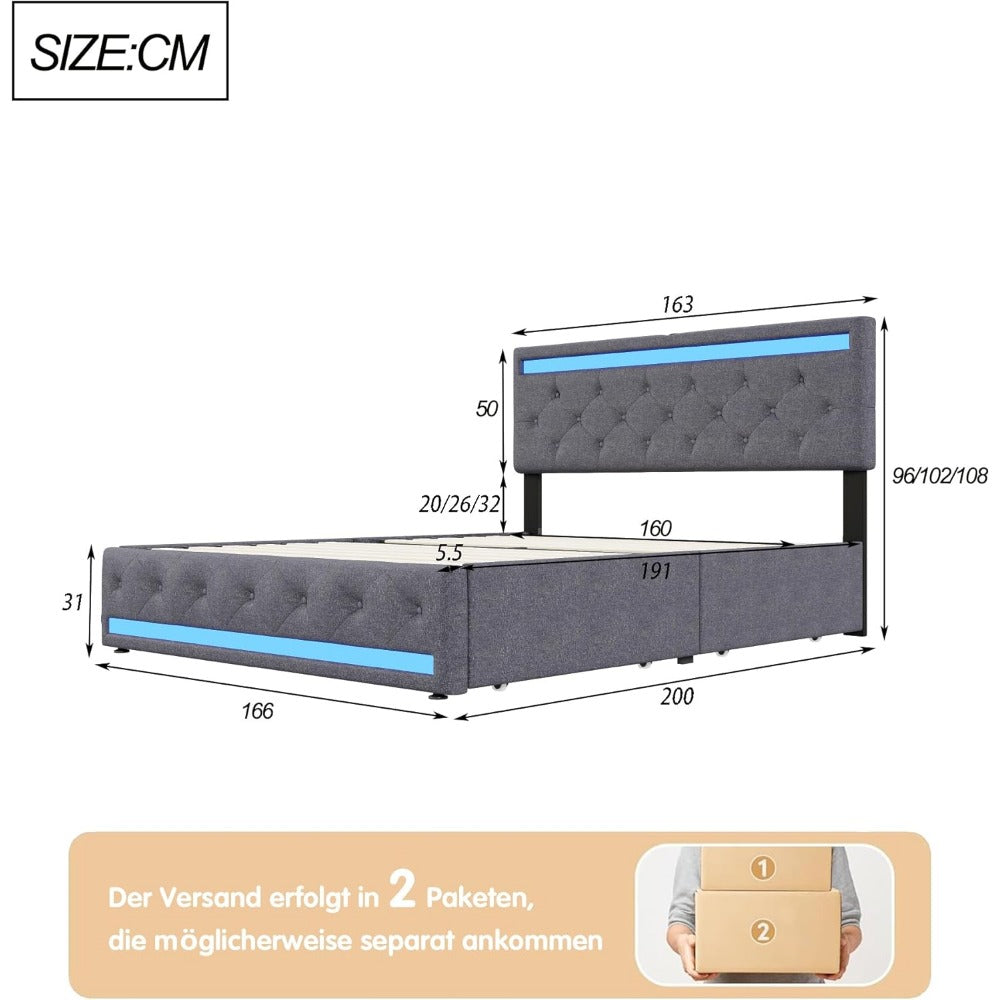 Bedframe 140x190 – Tweepersoonsbed – Opbergbed – Gestoffeerd Bed – Lattenbodem – Met LED-verlichting – USB-poorten – 4 Opberglades – Grijs Linnen – Zonder Matras