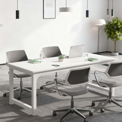 6-Foot Conference Table, Measuring 179.98 cm Wide by 79.98 cm Deep, Suitable for Meeting Rooms And Boardrooms, Featuring a Splicing Board with a Metal Frame, in White, Ideal for Christmas Holiday Decoration.
