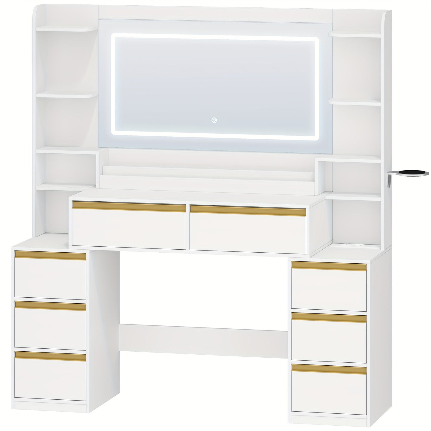 Kaptafel – Make-up Tafel – Toilet Tafel – Schminktisch – Dressing Table – Wit – Modern Design – Groot Spiegel – 8 Lades – Föhnhouder – Compacte Afmetingen 40x135x145 cm