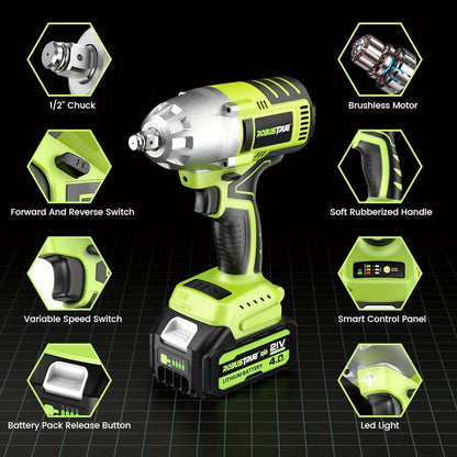 Accu Slagschroevendraaier – Slagmoersleutel – Elektrische slagschroevendraaier – Accuboormachine – Elektrische moersleutel – 21V Brushless Motor – 2x 4000mAh Accu Met Snellader
