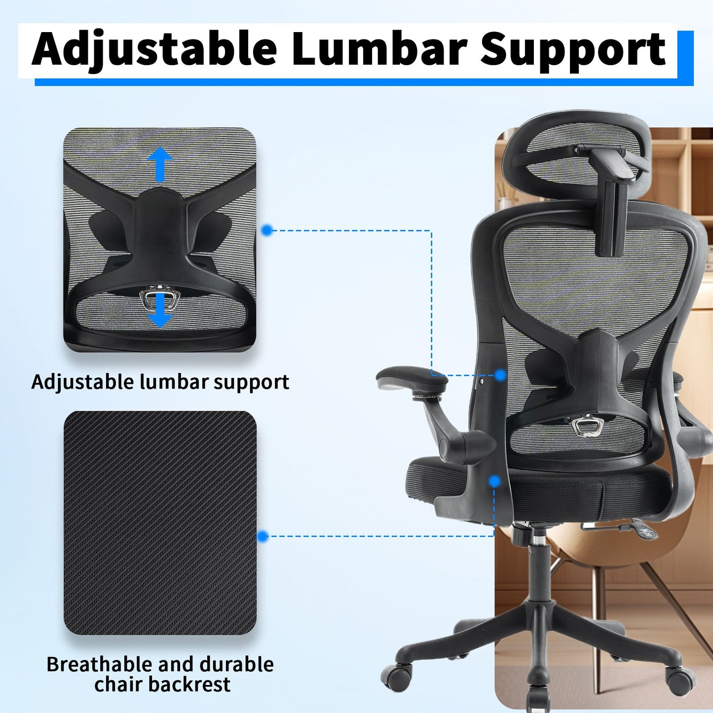Ergonomic Office Chair, Desk Chair with Adjustable Headrest, Armrests, Lumbar Support, Swivel Chair, Rocker Function, Mesh Executive Chair, Back-Friendly, Office Chair 150 kg