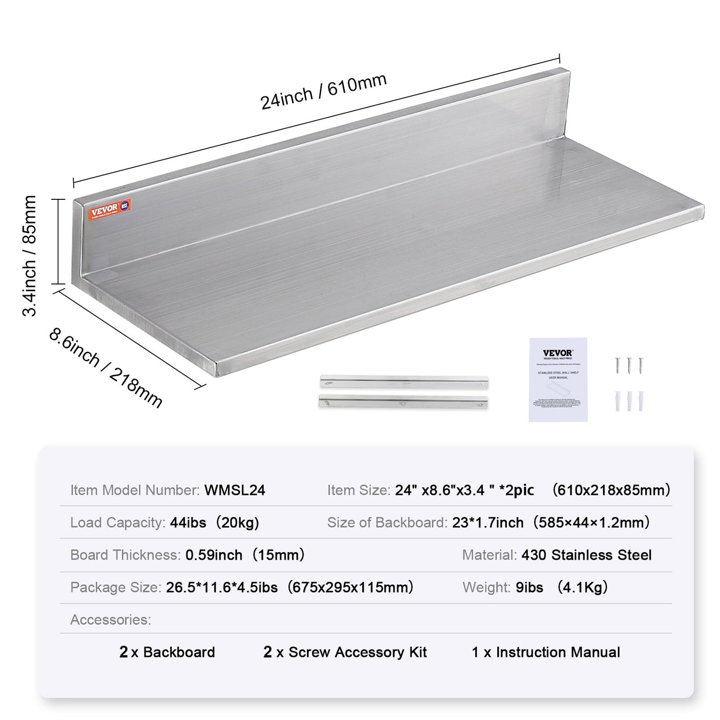 RVS Muurplank – Wandplank – Zwevende Plank – Opbergplank – Keukenplank – Roestvrij Staal – Met Achterwand – 62x22 cm – Draagvermogen 20 kg