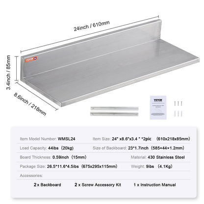 RVS Muurplank – Wandplank – Zwevende Plank – Opbergplank – Keukenplank – Roestvrij Staal – Met Achterwand – 62x22 cm – Draagvermogen 20 kg