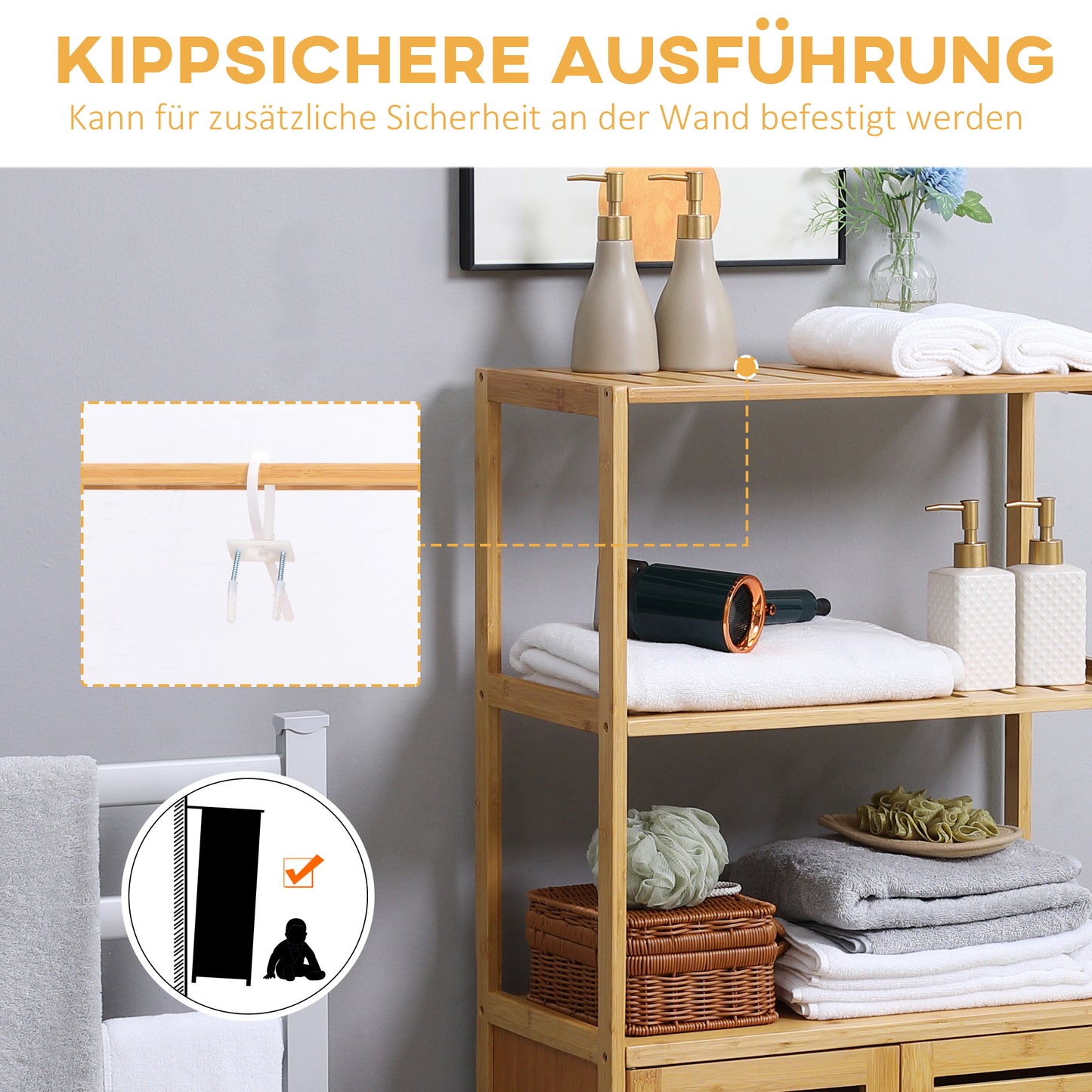 Badkamerkast – Badkamermeubel – Opbergkast – Kolomkast – Bamboehouten Kast – Ventilerende Lamellendeuren – 60x30x120 cm