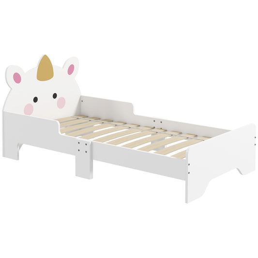 Kinderbed – Peuterbed – Jongensbed – Meisjesbed – Eenhoornbed – Laag Instapbed – MDF Constructie – 143x74x67 cm – Inclusief Lattenbodem – Veilig Zijhekje – Wit Met Eenhoornprint