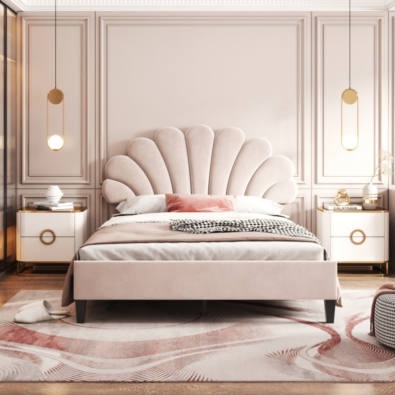 Tweepersoonsbed – Gestoffeerd Bed – Velours Bed – Slaapbed – Bedframe – 140 x 200 cm – Uniek Bloemvormig Hoofdbord – Zachte Huidvriendelijke Bekleding Beige