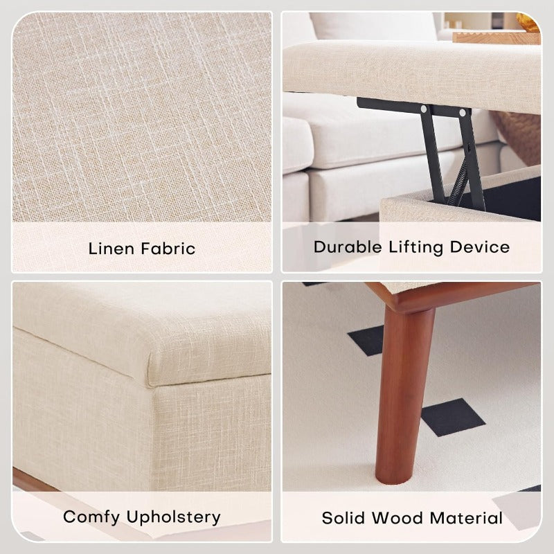 Opbergpoef – Opbergbox – Poef Met Opbergruimte – Voetenbank – Salontafel – Multifunctioneel Design – Verhoogd Hefbaar Deksel – Beige Linnen Bekleding