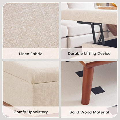 Opbergpoef – Opbergbox – Poef Met Opbergruimte – Voetenbank – Salontafel – Multifunctioneel Design – Verhoogd Hefbaar Deksel – Beige Linnen Bekleding