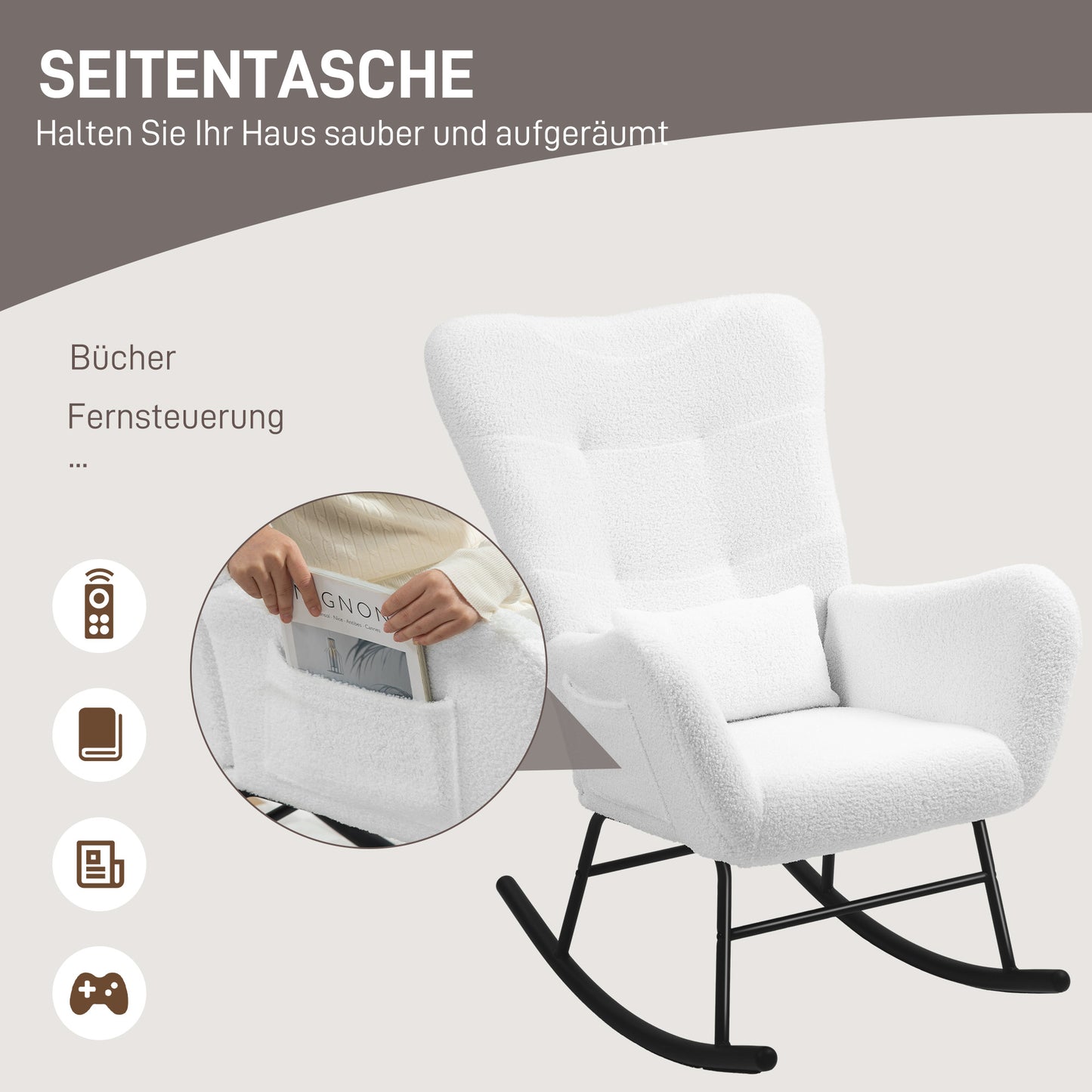 Schommelstoel – Relaxstoel – Wipstoel – Schommelzetel – Loungestoel – Teddy Stof – Met Metalen Onderstel – Voorzien Van Zijzak – Ergonomische Rugleuning