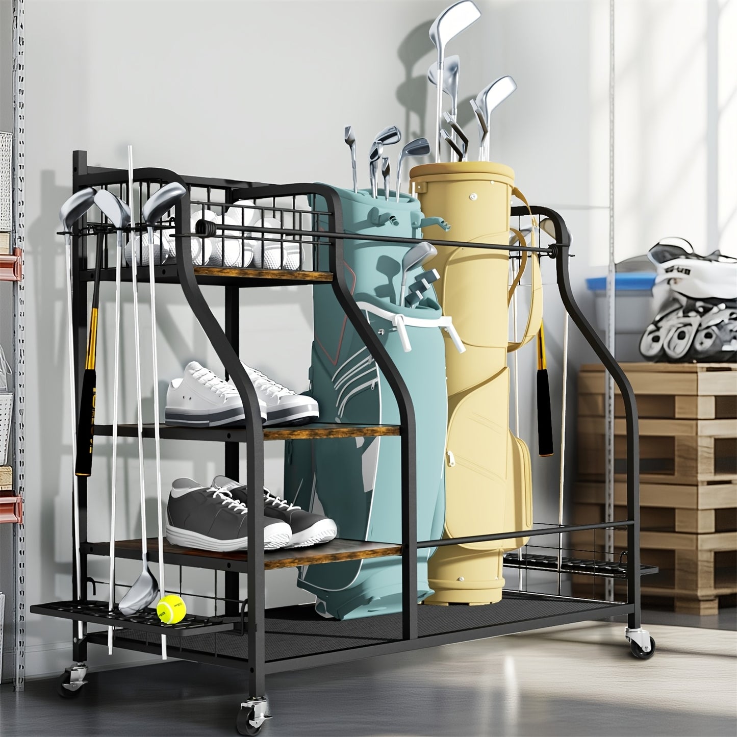 Golf Organizer – Golfopberger – Golfclubhouder – Golftasrek – Golfkar Organizer – Rolling Design Met Wieltjes – Stevig IJzer En MDF