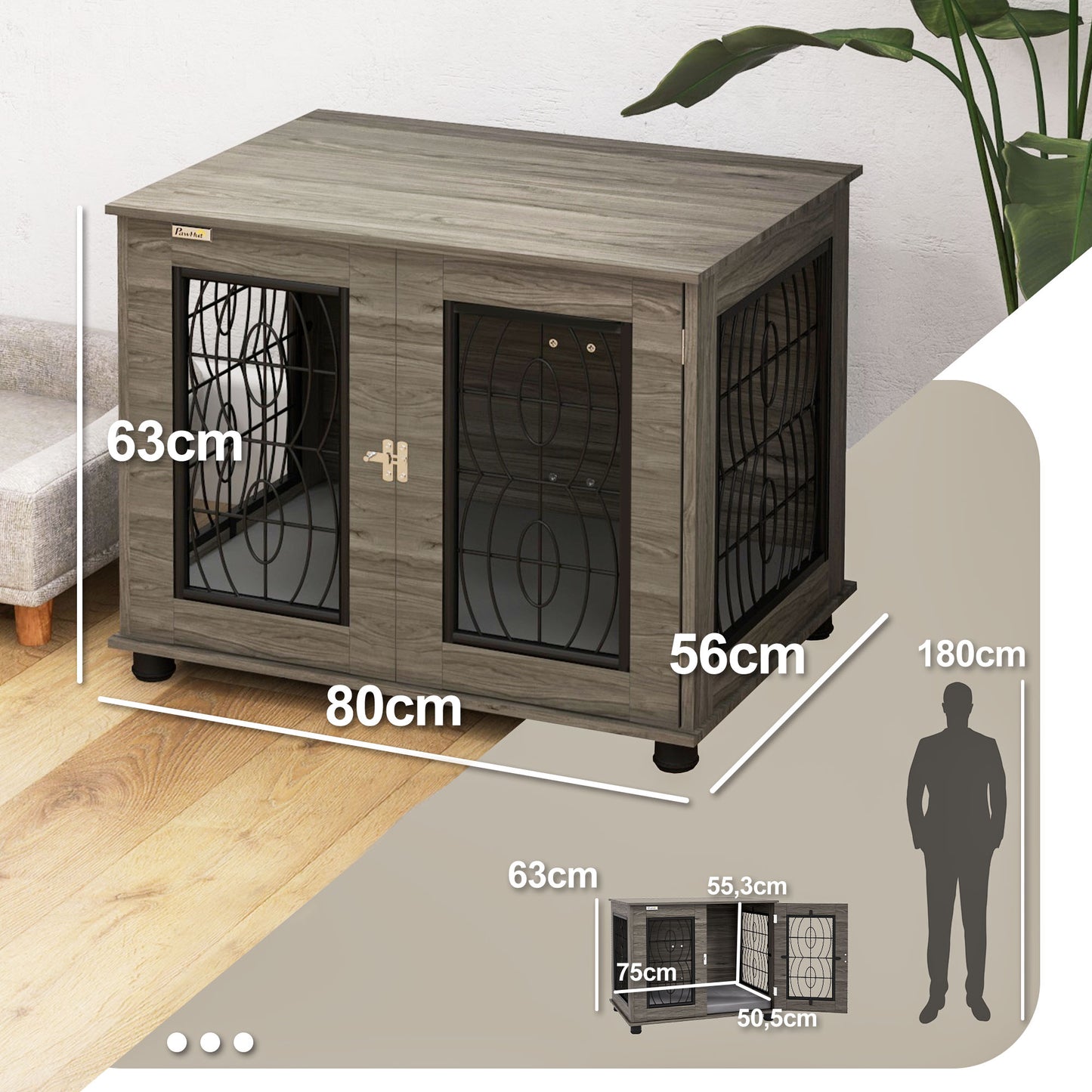 Hondenbench – Hondenkooi – Hondenhok – Reisbench – Bench – Met Zachte Wasbare Mat – Voor Middelgrote Honden Tot 20 kg – Grijs Met Houtdecor