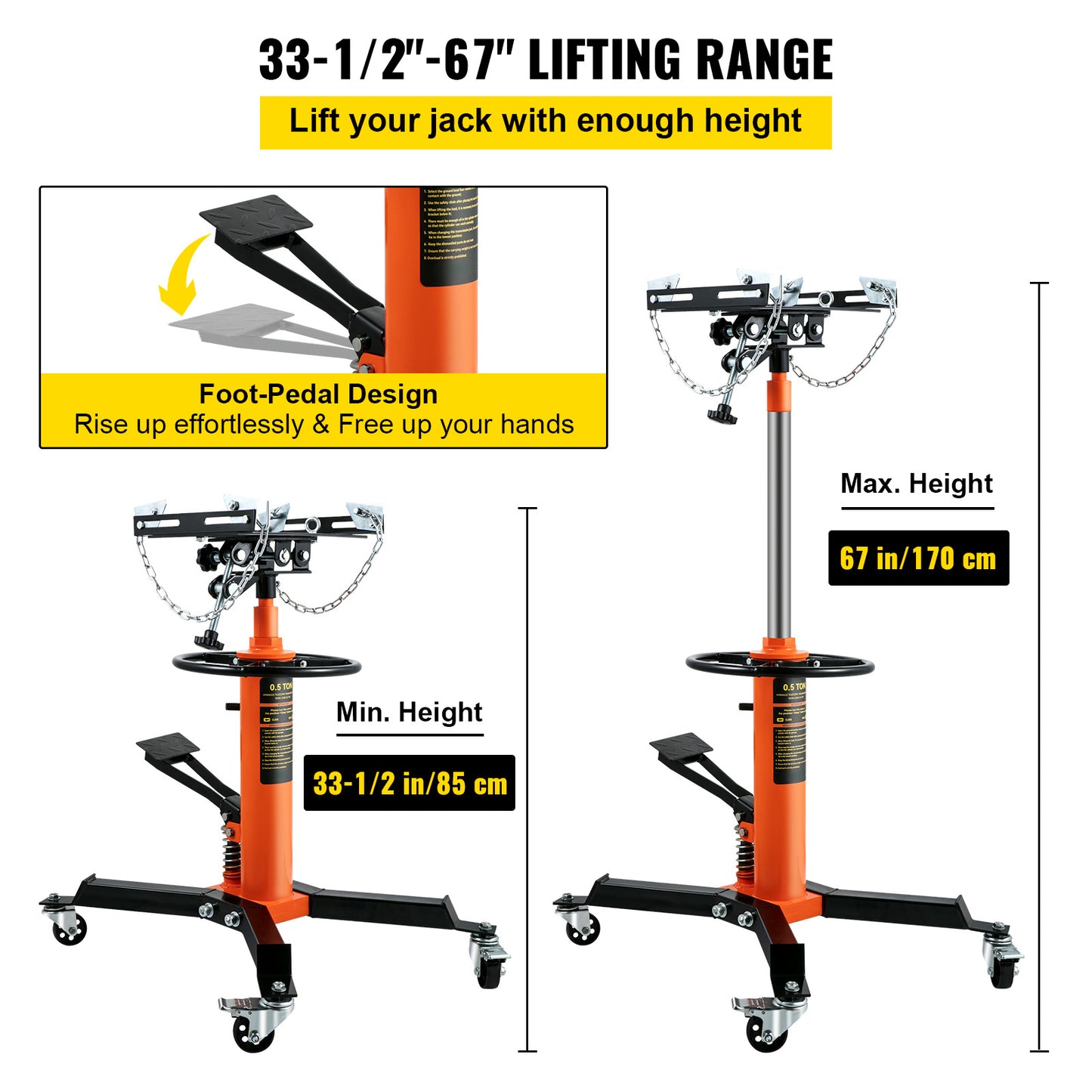 Transmissiekrik – Hydraulische Krik – Telescopische Krik – Autohefbrug – Garagekrik – 500 kg Draagkracht – Hefhoogte 85-170 cm – Oranje