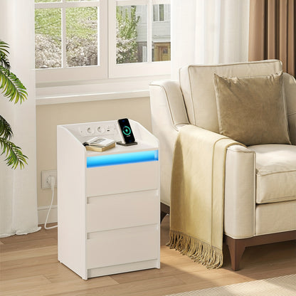 Nachttafel Set – Nachtkastje – Bijzettafel – Bedkastje – Ladeblok – Met Oplaadstation en LED-verlichting – 2 AC Stopcontacten en 2 USB-poorten – 3 Laden – Wit – Compacte Afmetingen 35x40x68 cm