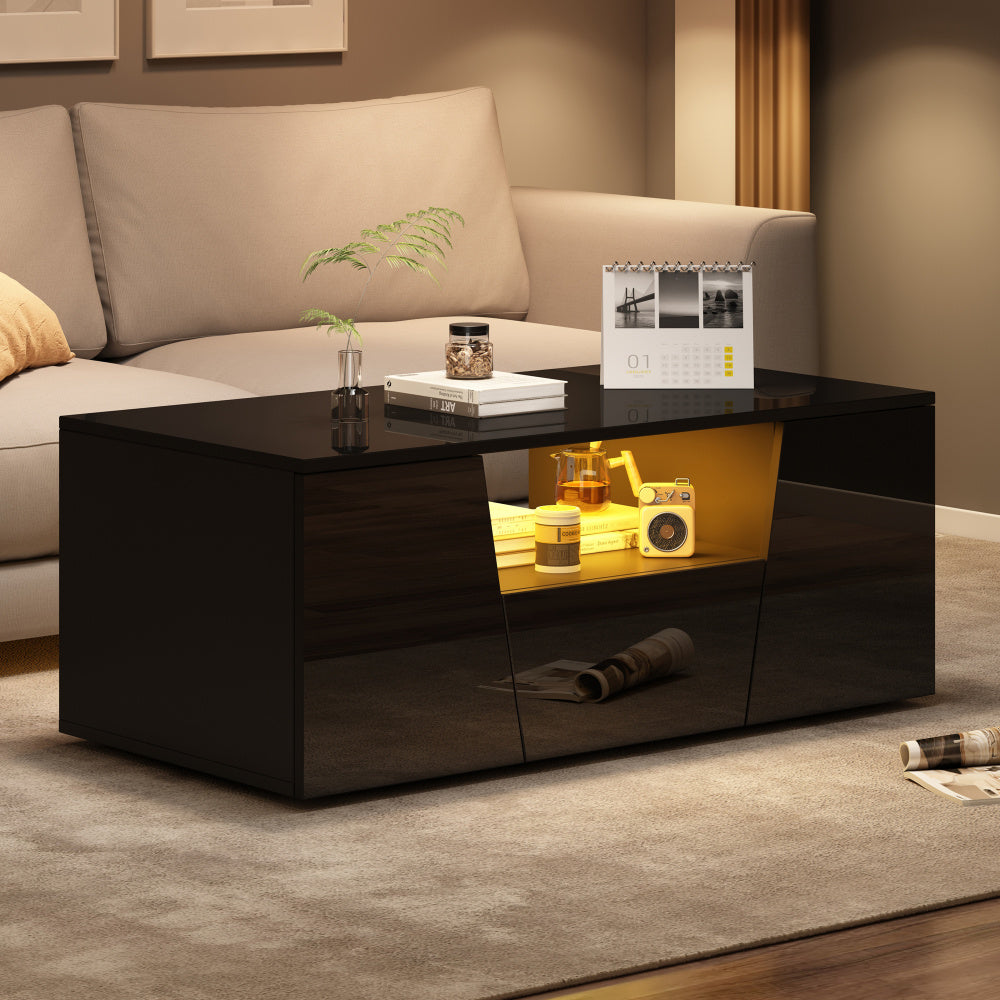 Salontafel – Koffietafel – Bijzettafel – Woonkamertafel – Tafeltje – Hoogglans Zwart – Glasblad & Metaalframe – Ruime Opbergruimte met Laden – 100x50x40 cm – Compact & Modern Design