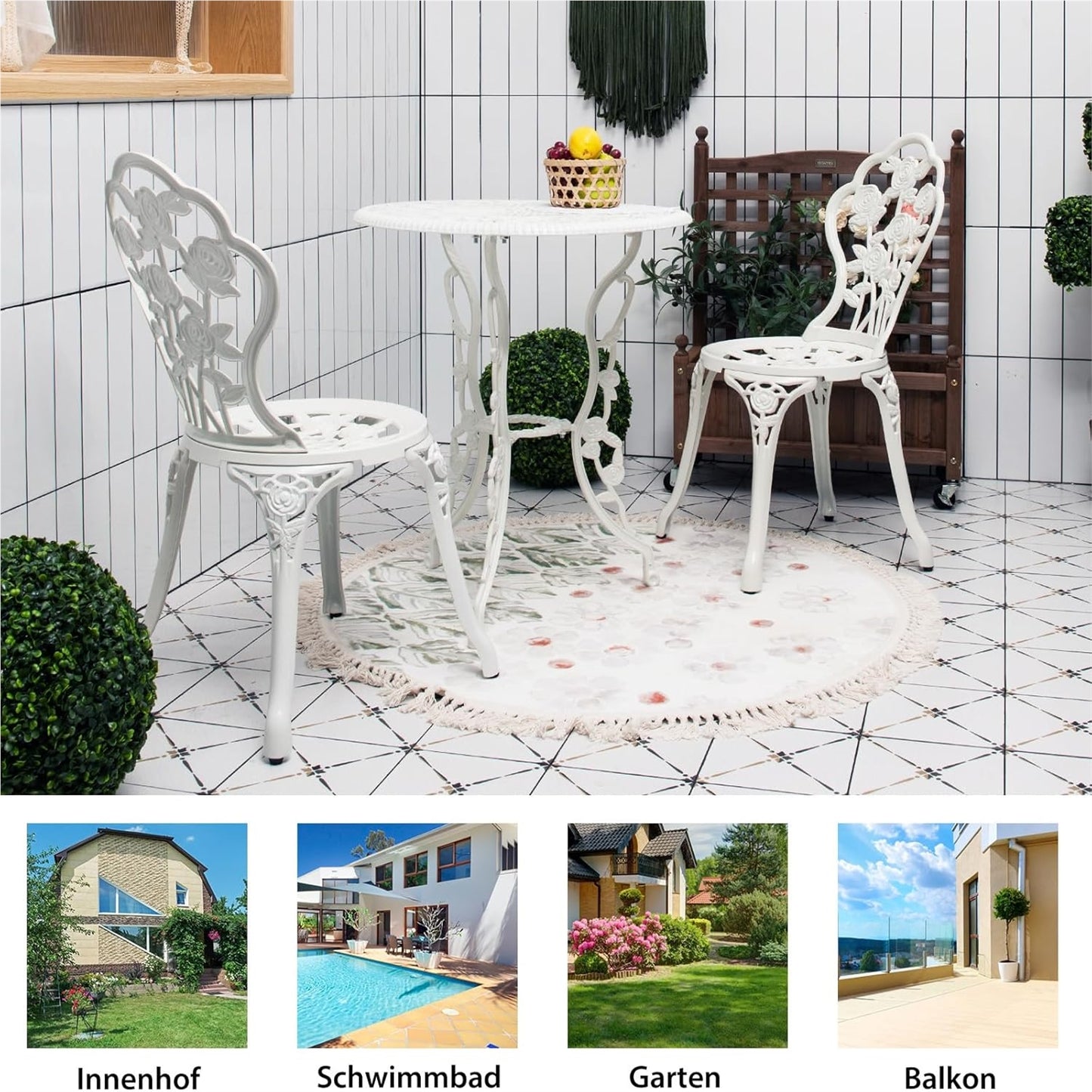 Tuinmeubelset – Balkonset – Bistroset – Terrasmeubilair – Tuinset – Wit – Aluminium Gietijzer – Weerbestendig & Inclusief Parasolgat