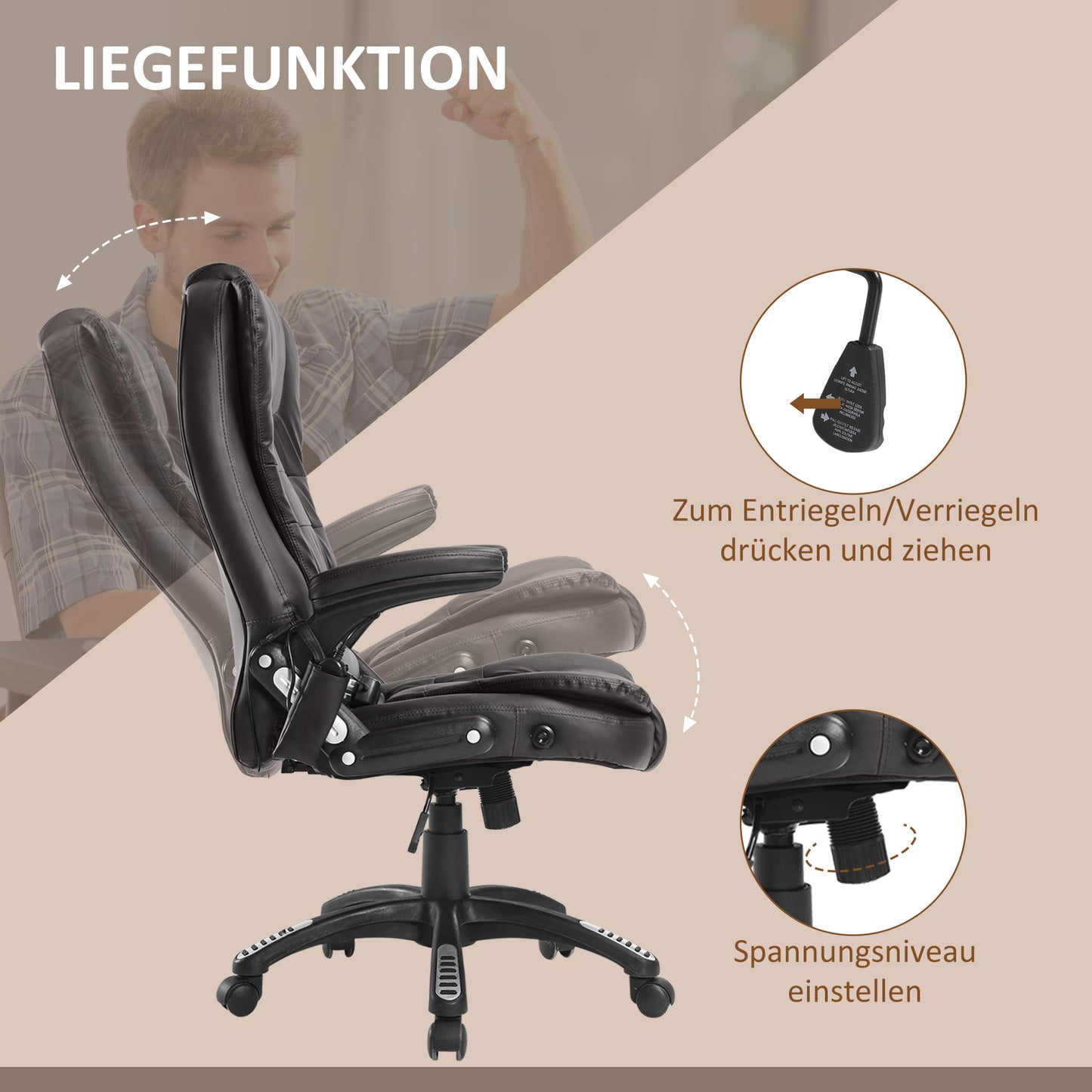 Ergonomische Bureaustoel – Bureaustoel Met Massage – Draaistoel – Bureaustoel Met Verwarming – Kantoorstoel – Hoogte Verstelbaar – Bruin Kunstleer