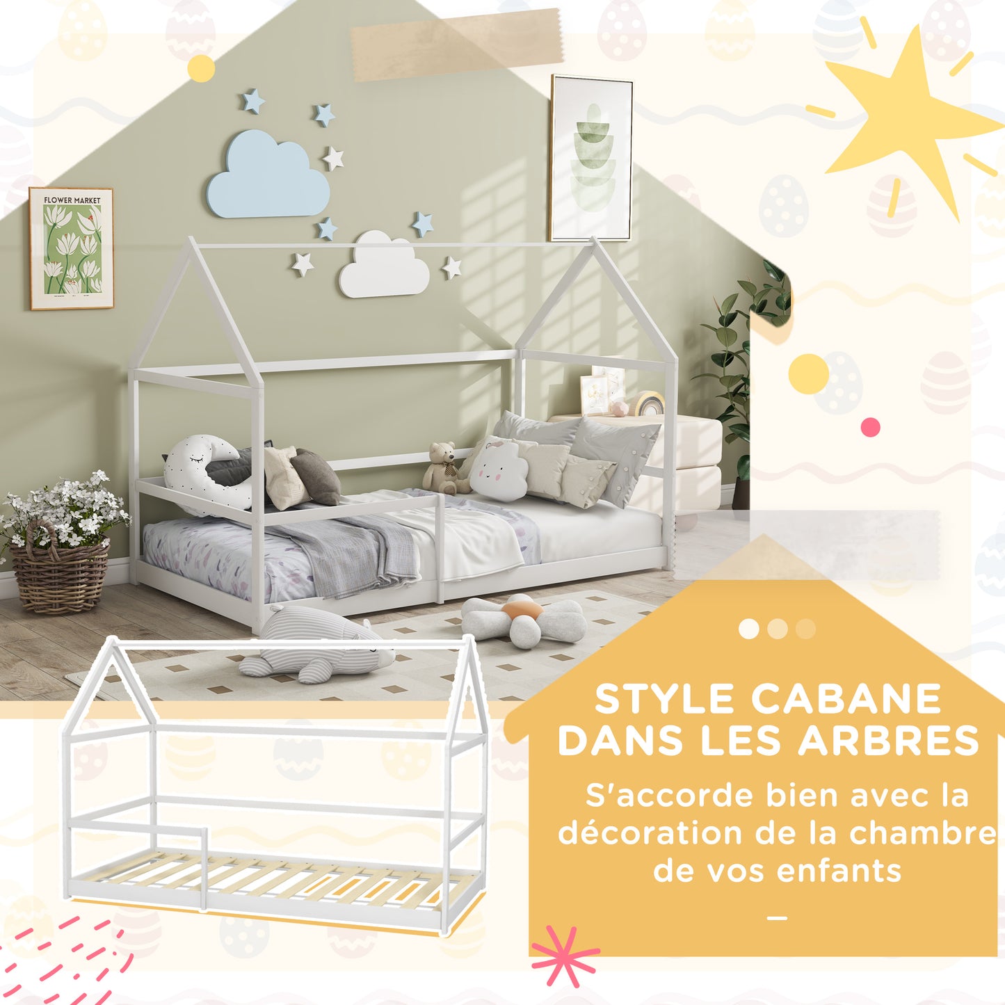 Kinderbed Huis – Cabin Bed – Bunk Bed – Speelbed – Huisbed – Houten Bed – Anti-Val Bescherming – Inclusief Lattenbodem en Dak – Wit – 90x190 cm