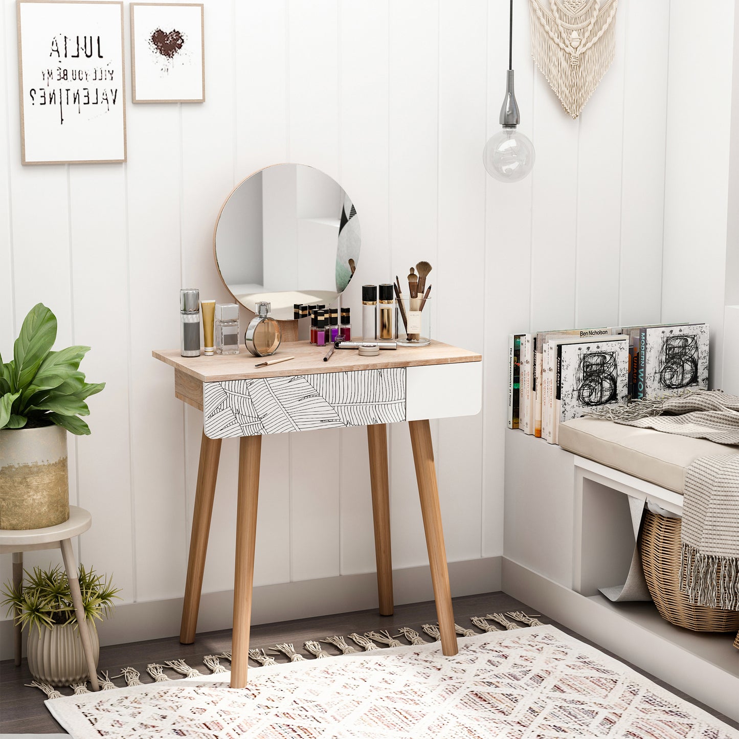 Kaptafel – Make-uptafel – Dressing Table – Make-up Tafel – Cosmetica Kast – Scandinavisch Design – Grote Spiegel Ø 39 cm – Verstelbare Hoogte 119-128 cm