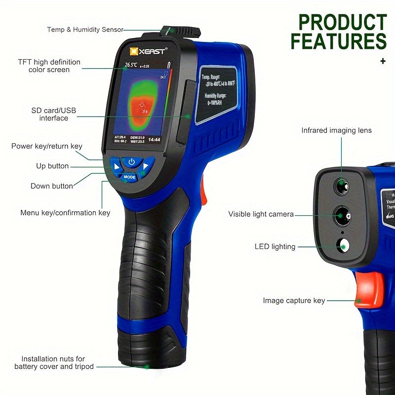 Infrarood Thermografiecamera – Warmtebeeldcamera – Thermisch Beeldapparaat – Temperatuurmeter – Vochtigheidsmeter – Handzaam & Draagbaar – USB Aansluiting – 2,4 Inch Kleurenscherm