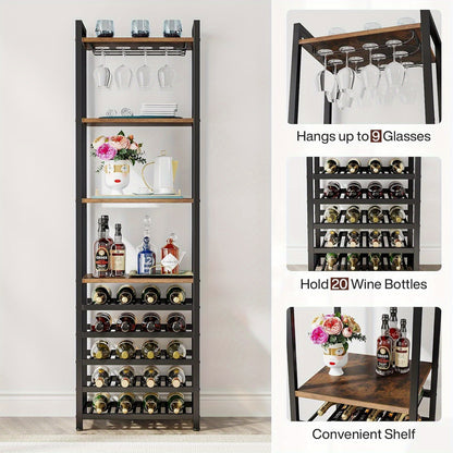 Wijnrek – Flessenrek – Wijnhouder – Wandrek – Organizer – 9-Laags Bruin Metaal – Inclusief Glazenhouder & Opbergruimte – Voor 20 Flessen – Industrieel Design – 45x35x180 cm
